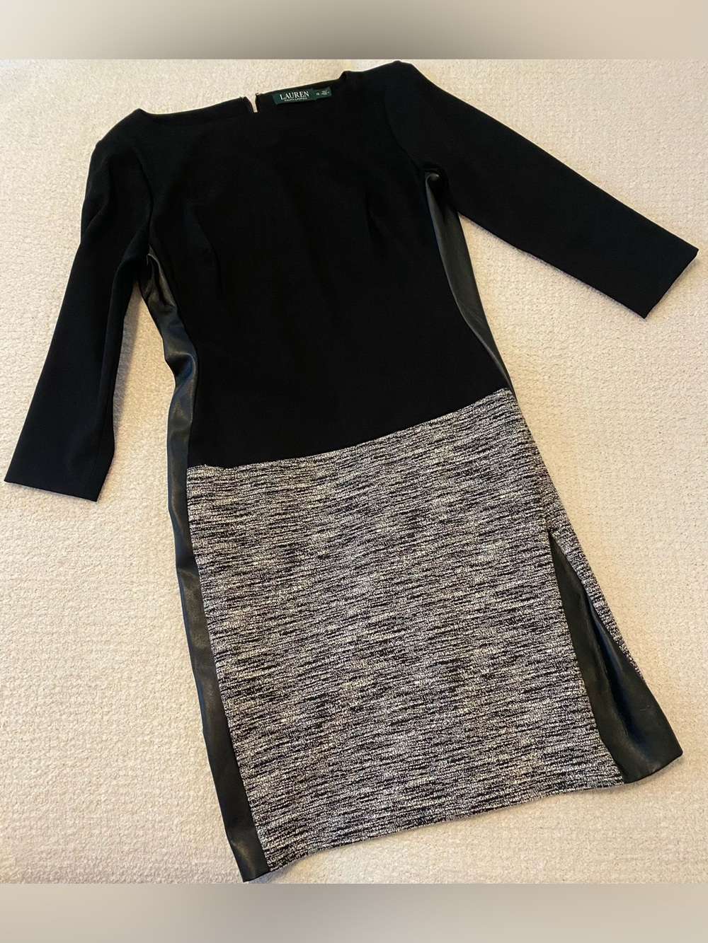 Lauren Ralph Lauren Size 10 Black Faux Leather Trim Tweed Sheath Dress